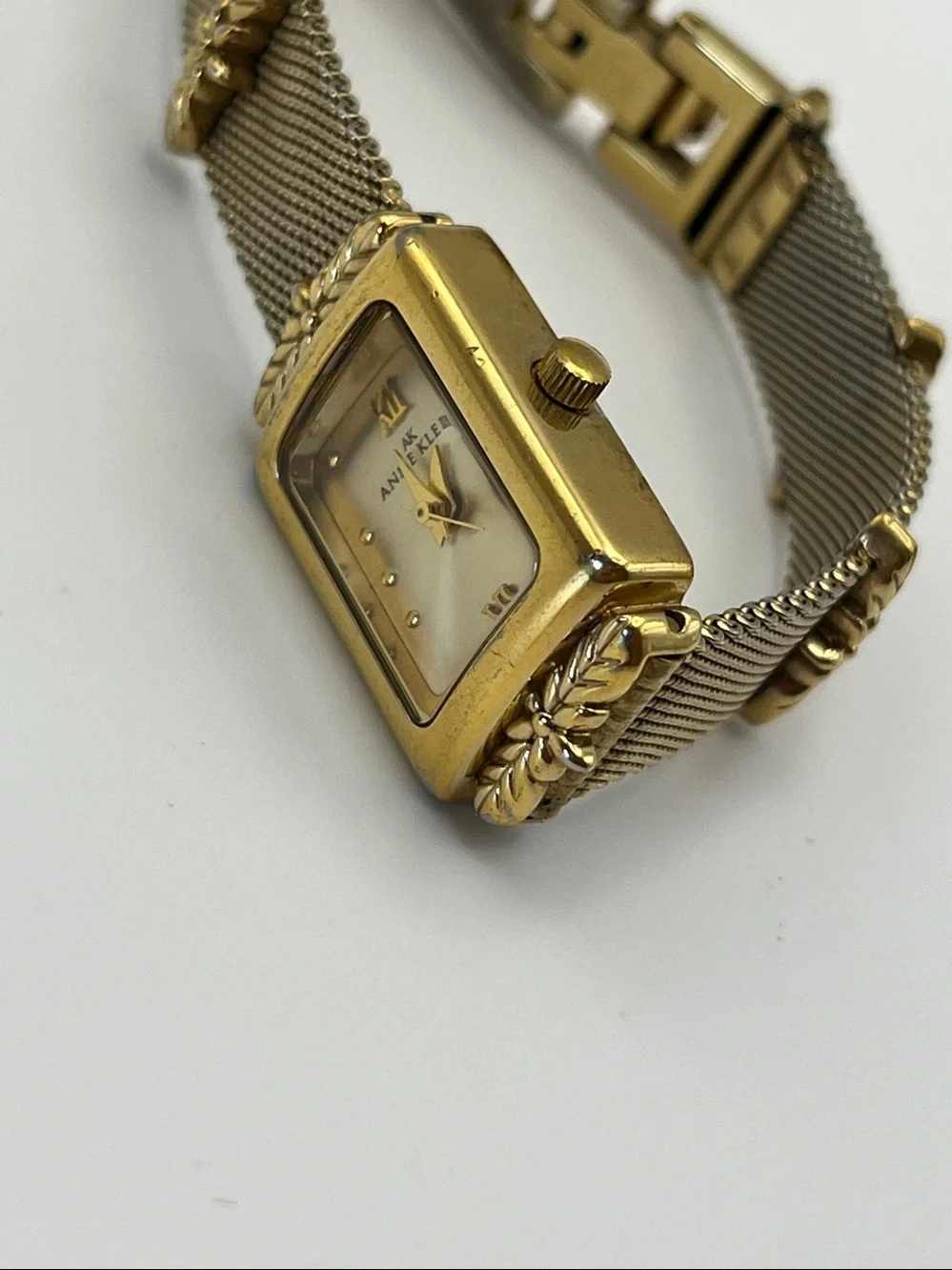 Anne Klein Women's Gold Mesh Bracelet Watch with Leaf Accents